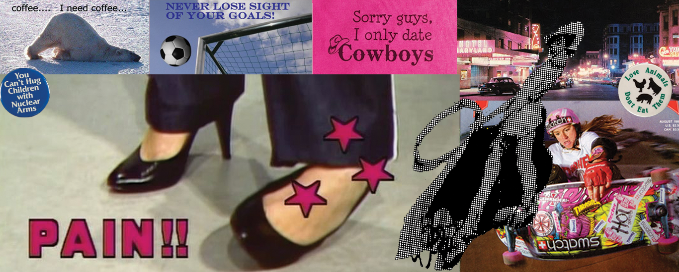 An art  collage of girl sports, memes, and political buttons