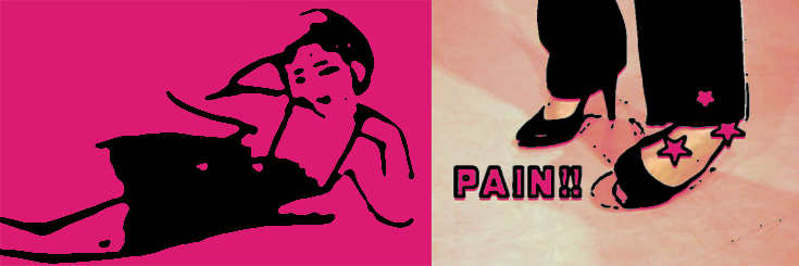 A digital art peice depectinng a lounging porcelain figurine woman and a woman twisting her ankle inn heels, captioned Pain!